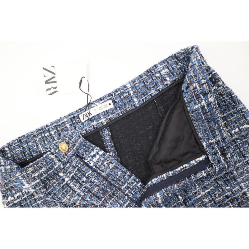 NWT Zara Women’s Size XL Tweed Mini Crocheted Skirt Blue golden button woven - Picture 9 of 11